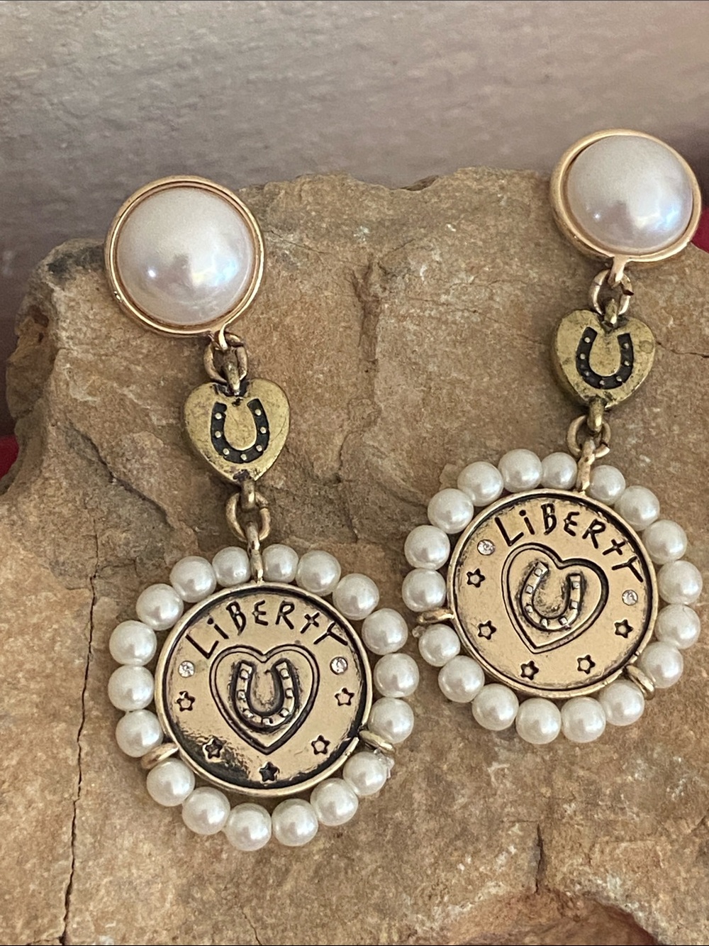 Vintage Betsey Johnson Lucky Charms Double Drop Horseshoe Coin Stud Earrings